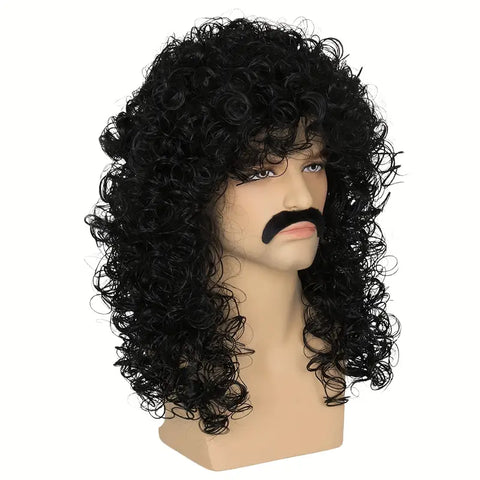 Curly Rockstar Wig with Mustache
