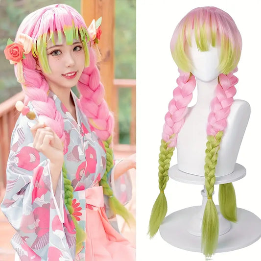 Cute Pink Braided Wig with Green ends