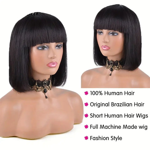 Bob Wig w/bangs Glueless Wigs With Fringe 100% Human Hair