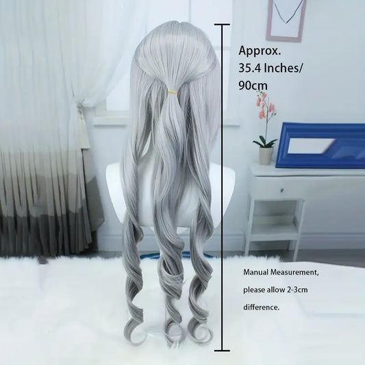 Long Curly Gray Wig with Bangs