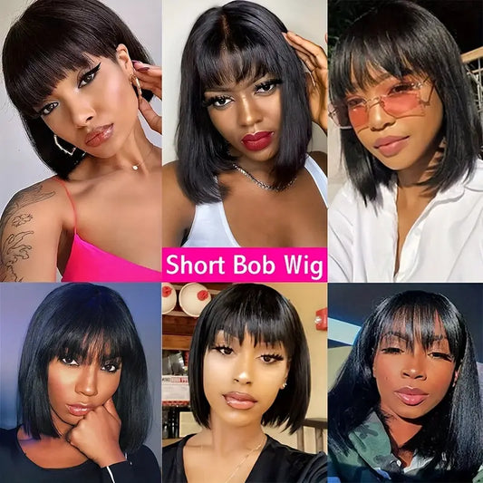 Bob Wig w/bangs Glueless Wigs With Fringe 100% Human Hair