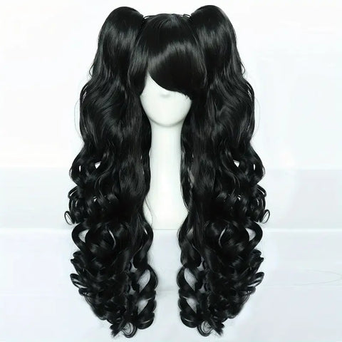 Cute Long & Curly Wigs With Bangs & 2 Curly Ponytails