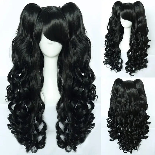 Cute Long & Curly Wigs With Bangs & 2 Curly Ponytails