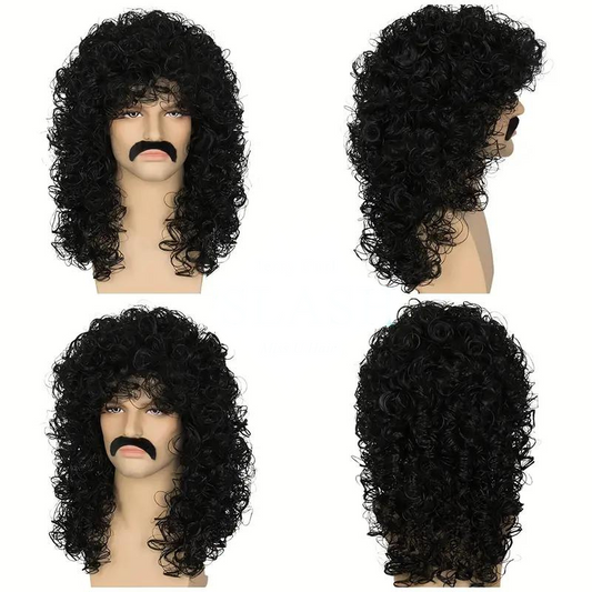 Curly Rockstar Wig with Mustache