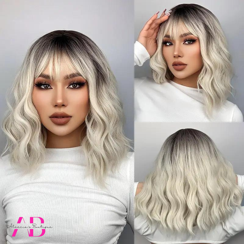 Bob Wig Platinum Ombre Blonde with Bangs 37cm