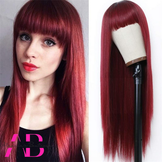 Red Long Layer Cut Straight Wig with Bangs