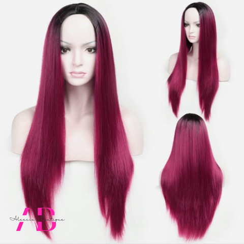 Black & Purple Red Highlight Long Straight Wig