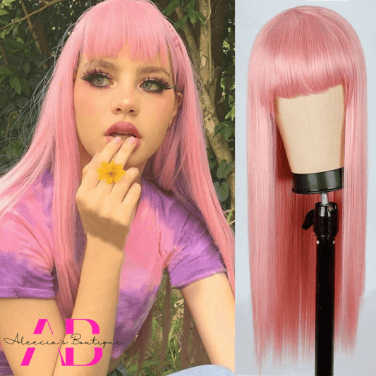 Pink Full Volume Straight Wig with Bangs