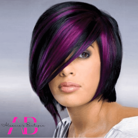 Purple & Black Highlight Wig with Bangs