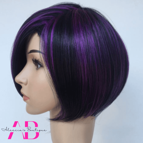 Purple & Black Highlight Wig with Bangs