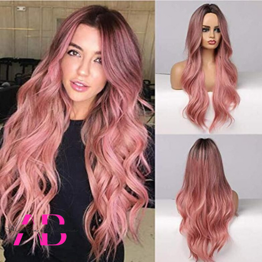Pink Brown Ombre Wave Curly Long Layered Wig