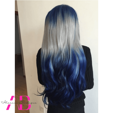 Silver Grey & Blue Ombre Curly Long Wig