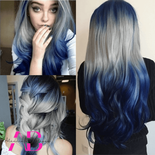 Silver Grey & Blue Ombre Curly Long Wig