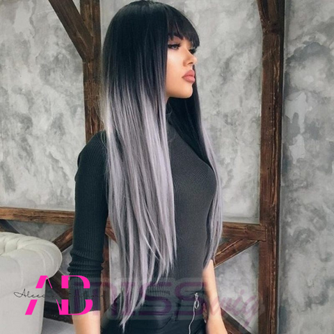Black & White Ombre Highlight Straight Wig Bangs